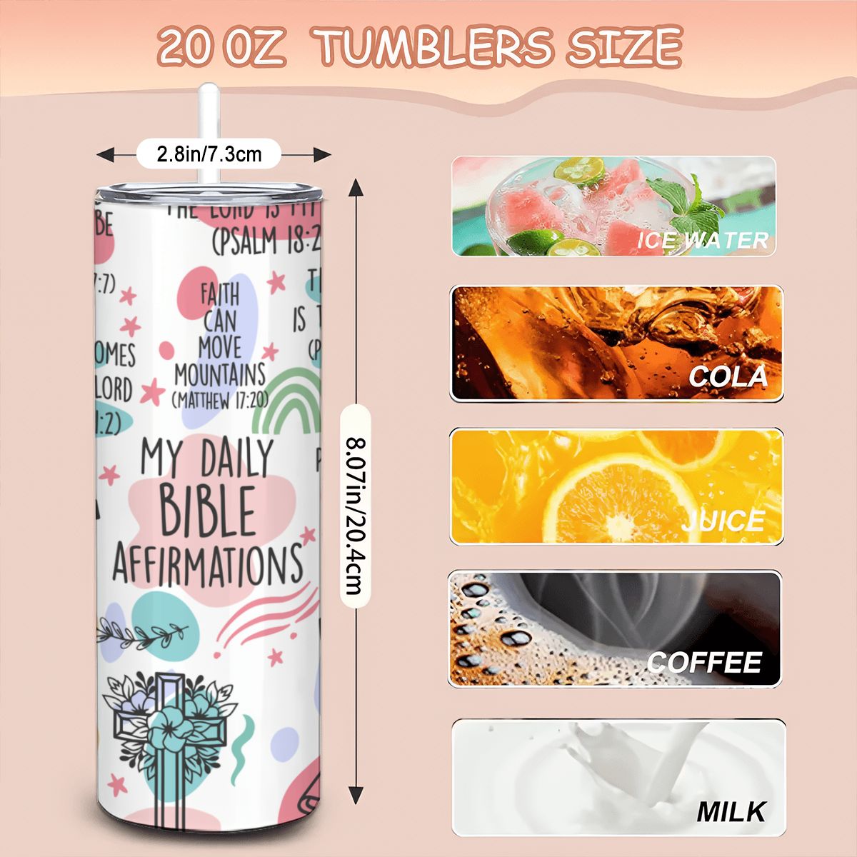 Straight 20oz Stainless Steel Tumbler with Straw - Inspiring Daily Affirmations - Image 4