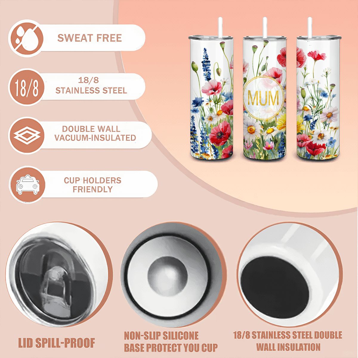 Mums Floral Watercolor 20oz Stainless Steel Tumbler with Straw - Made in USA - Image 5