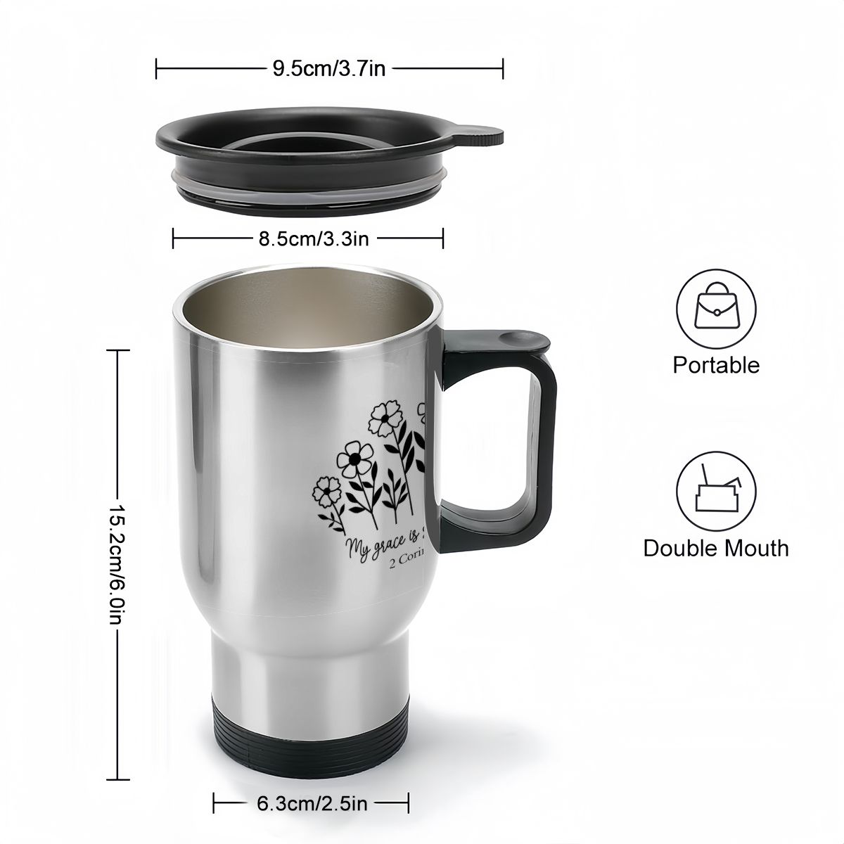 14oz Travel Coffee Mug with Handle - My Grace is Sufficient (Made in USA) - Image 7