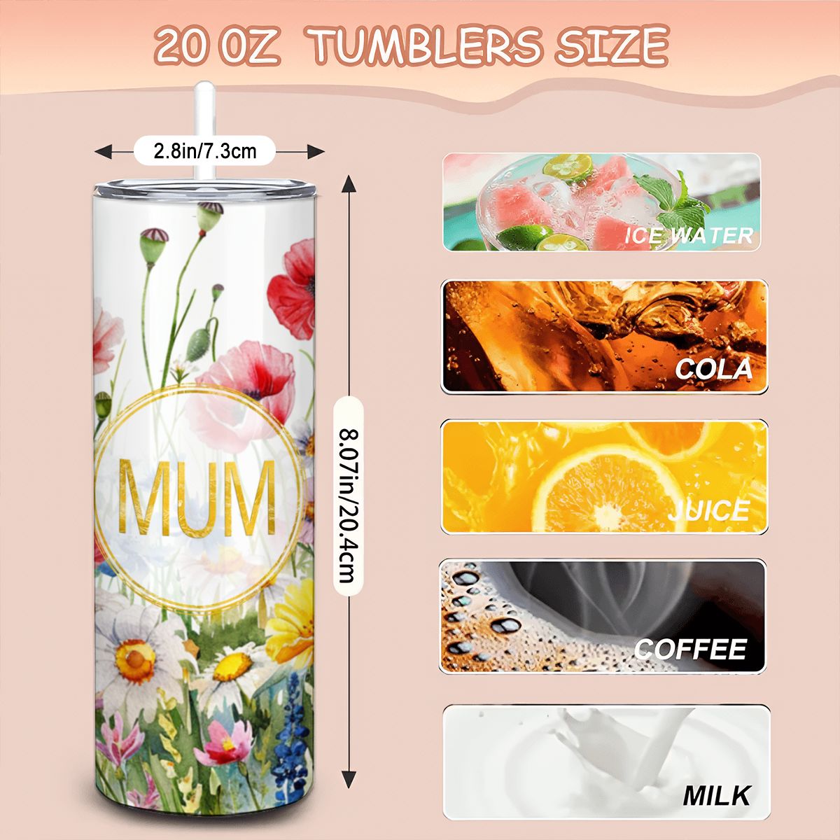 Mums Floral Watercolor 20oz Stainless Steel Tumbler with Straw - Made in USA - Image 4