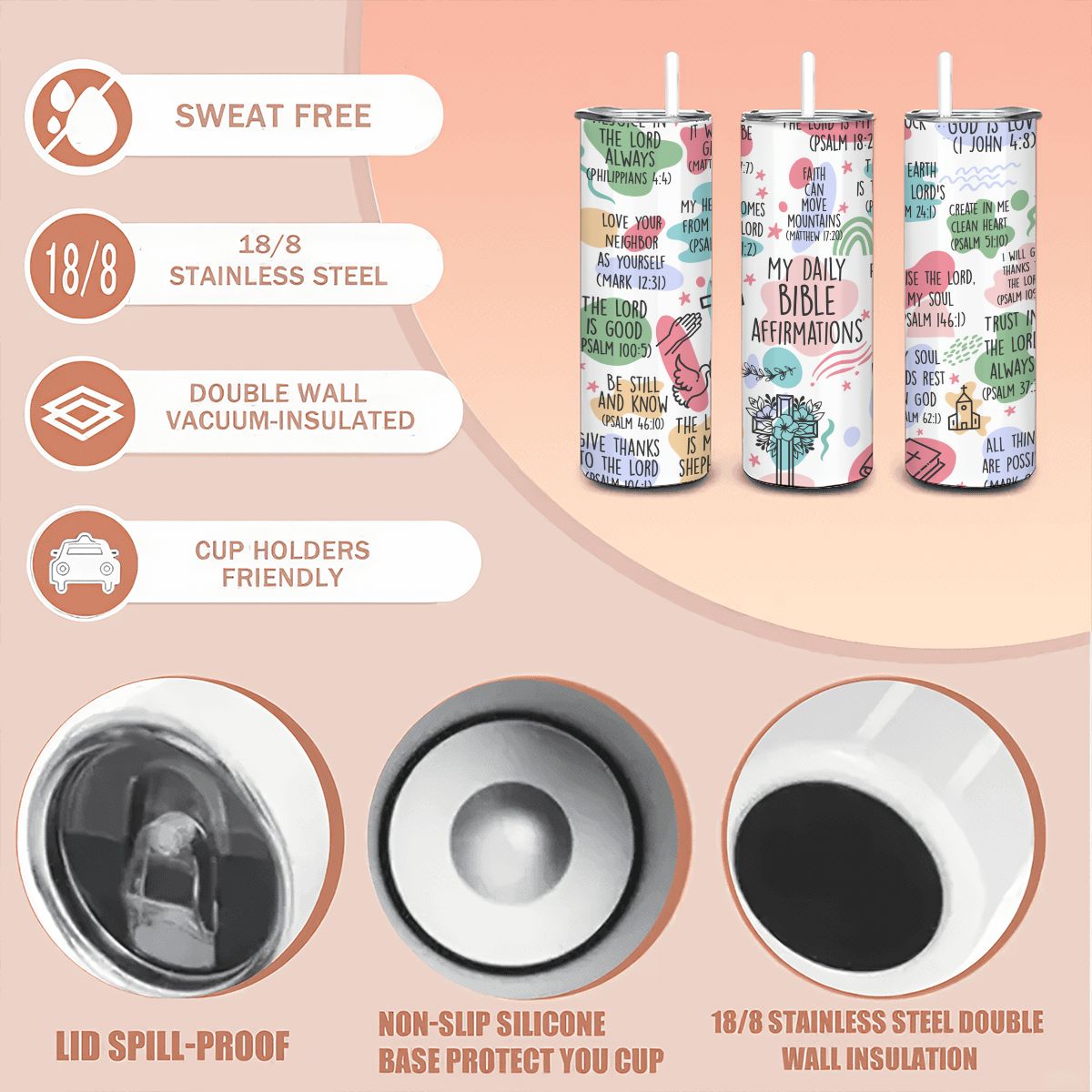 Straight 20oz Stainless Steel Tumbler with Straw - Inspiring Daily Affirmations - Image 5