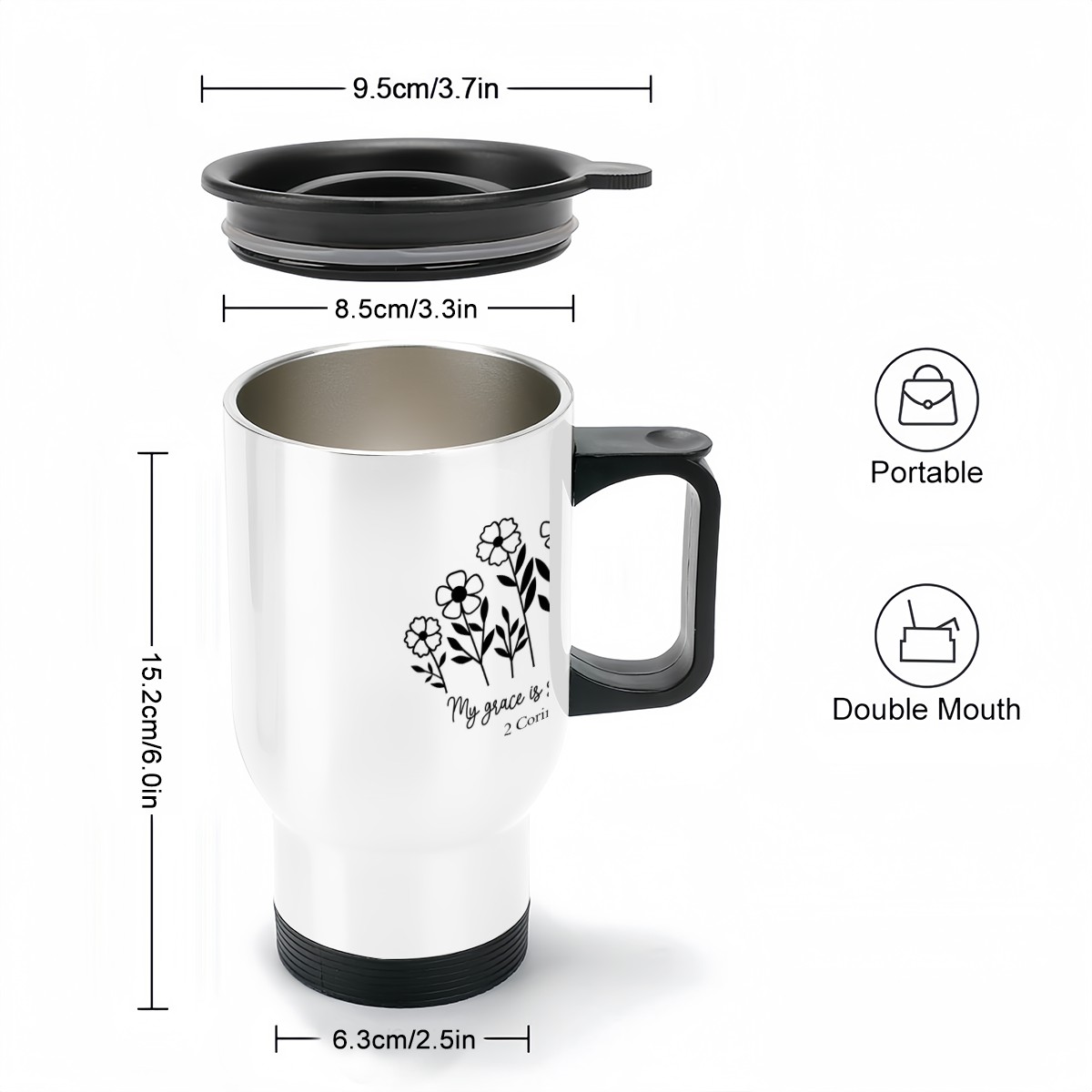 14oz Travel Coffee Mug with Handle - My Grace is Sufficient (Made in USA) - Image 3